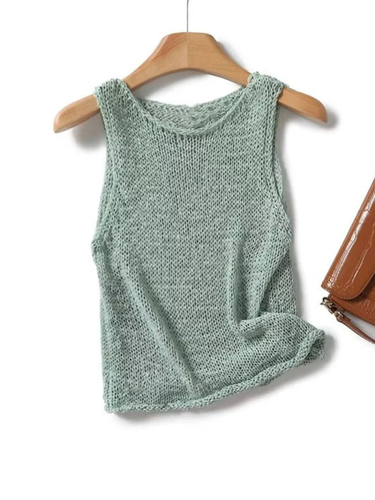 Women's Mint Mambo Green Knitted Off-shoulder Suspenders Vest O-Neck Sleeveless Flecked Tank Top T-Shirt Fall Female Chic Blouse