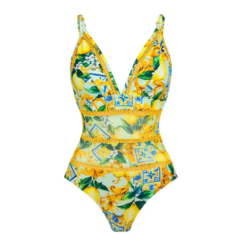 Women's V-Neck Floral Swimsuit, Holiday Designer, Mesh Splicing Skirt, Sarong Bathing Suit, New Swimwear