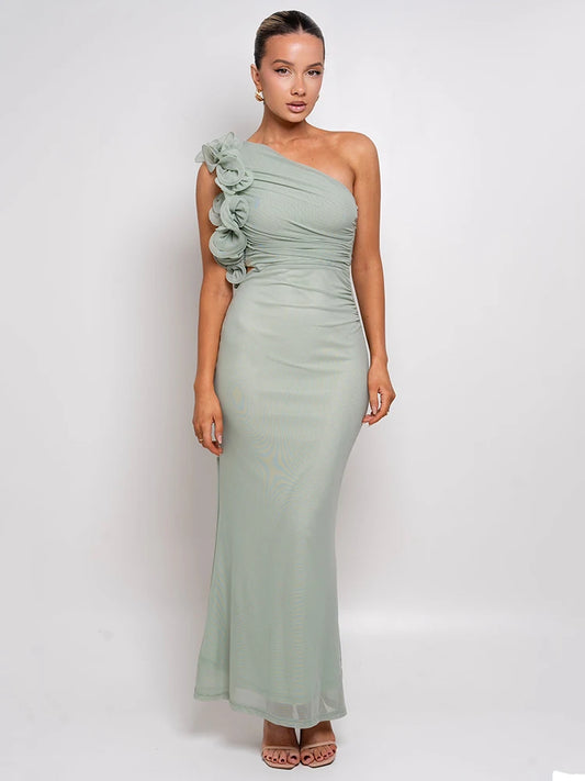Mozision Shoulder Floral Mesh Ruched Sexy Maxi Dress For Women Gown Oblique Shoulder Sleeveless Backless Bodycon Long Dress