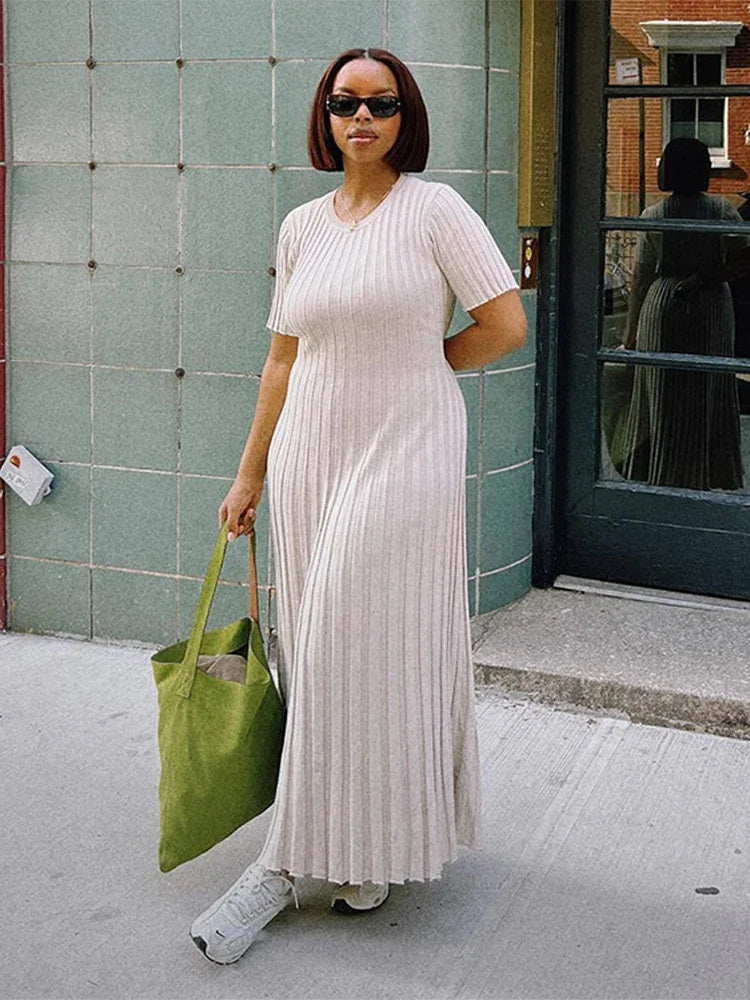 Knitted Women Long Dress Short Sleeve Pleated Lady Dresses 2024 Fashion Autumn Winter Hip Package O Neck Female Vestidos