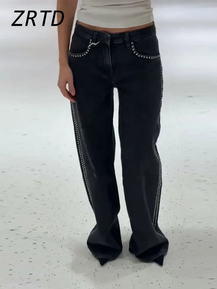 Street Women's Beaded Jeans Baggy Low Waist Pockets Zipper Female Denim Trousers 2025 Spring Summer Lady Y2k Chic Fashion Pants