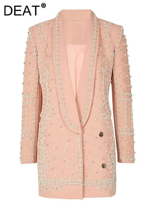 DEAT Fashion Women's Blazer Handmade Pearl Beaded Shawl Collar Hidden Breasted Long Sleeve Suit Jackets Spring 2025 New 17A4050H