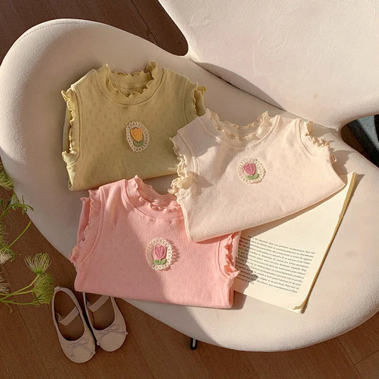 Children's T-Shirts Floral Decoration Jacquard Sleeveless Top Girls Clothes Boutique Outfits for Girls Infant Girl Clothes
