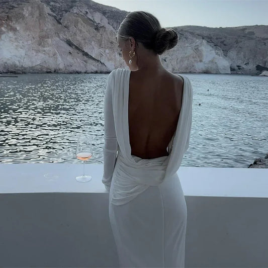 Chic Backless White Long Sleeved Slim Fit Dress for Women Pleated Elegant Round Neck Long Dresses 2024 New Female Evening Gowns