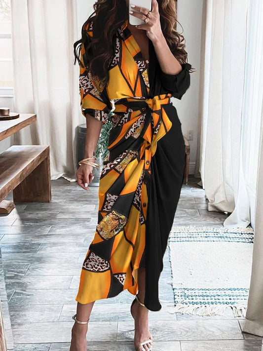 Summer Bandage Shirt Women Fashion Button Ruched Dress Casual Short Sleeve Printed Dress Female Elegant Party Dress Robe