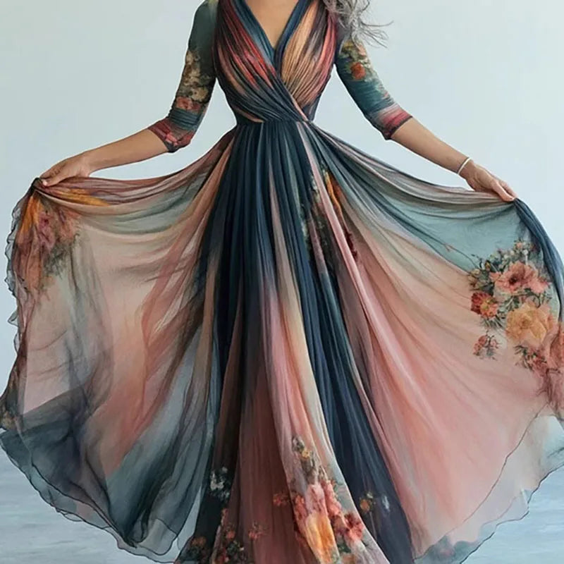 Ethnic Retro Print Mesh Swing Long Dress Woman Sexy V Neck High Waist Pleated Maxi Dress Spring Long-sleeved Boho Vacation Dress