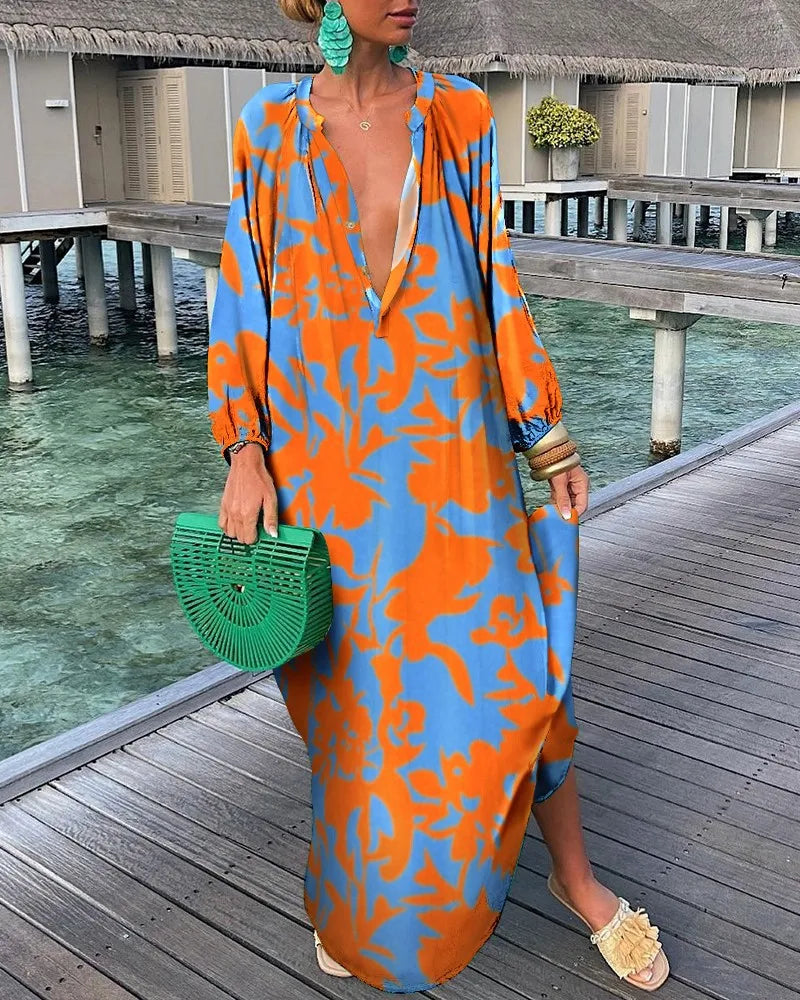 Elegant Women's Maxi Dresses 2024 Summer Casual Fashion Retro Print V Neck Loose Boho Long Vacation Beach Dress Female Robes New