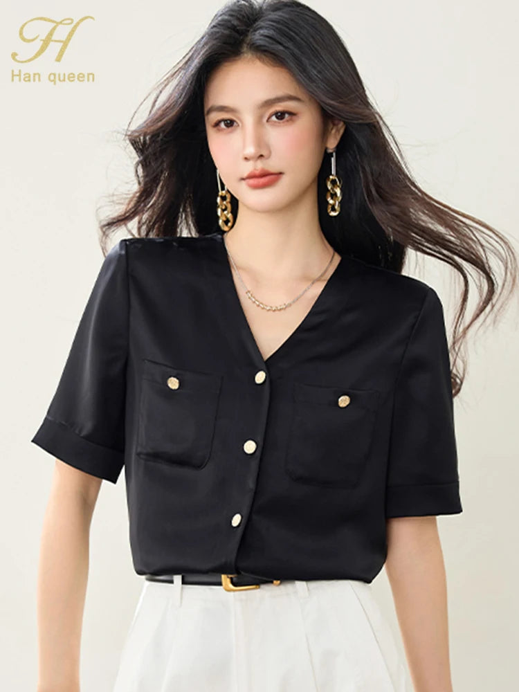 H Han Queen 2025 Summer Tops For Woman Retro V-Neck Black satin Casual Blouse Women Elegant Shirts Korean Short Sleeve Blouses