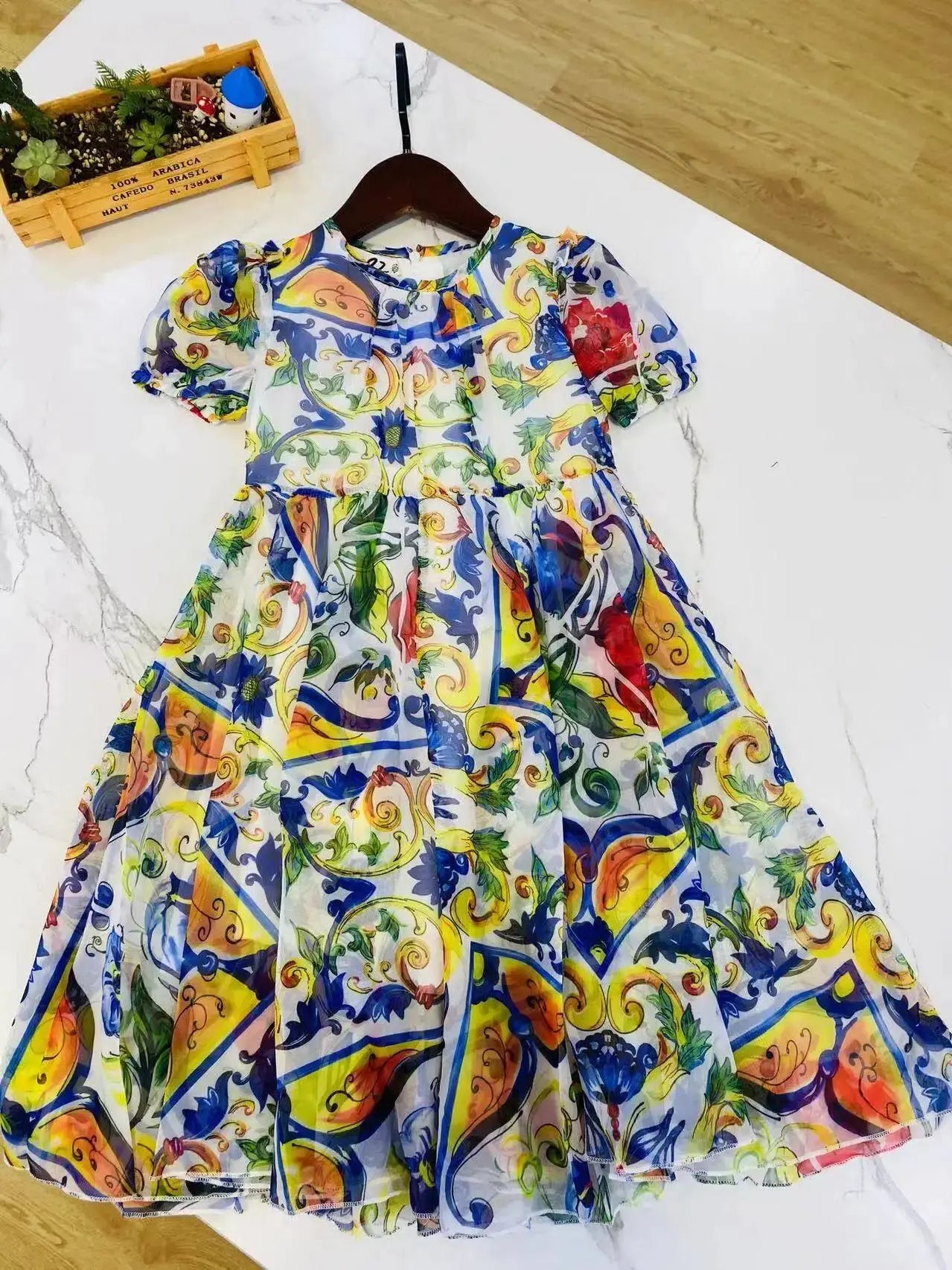 2024 latest style girl clothes green flower dress big girl vacation dress cotton floral printing kids dress