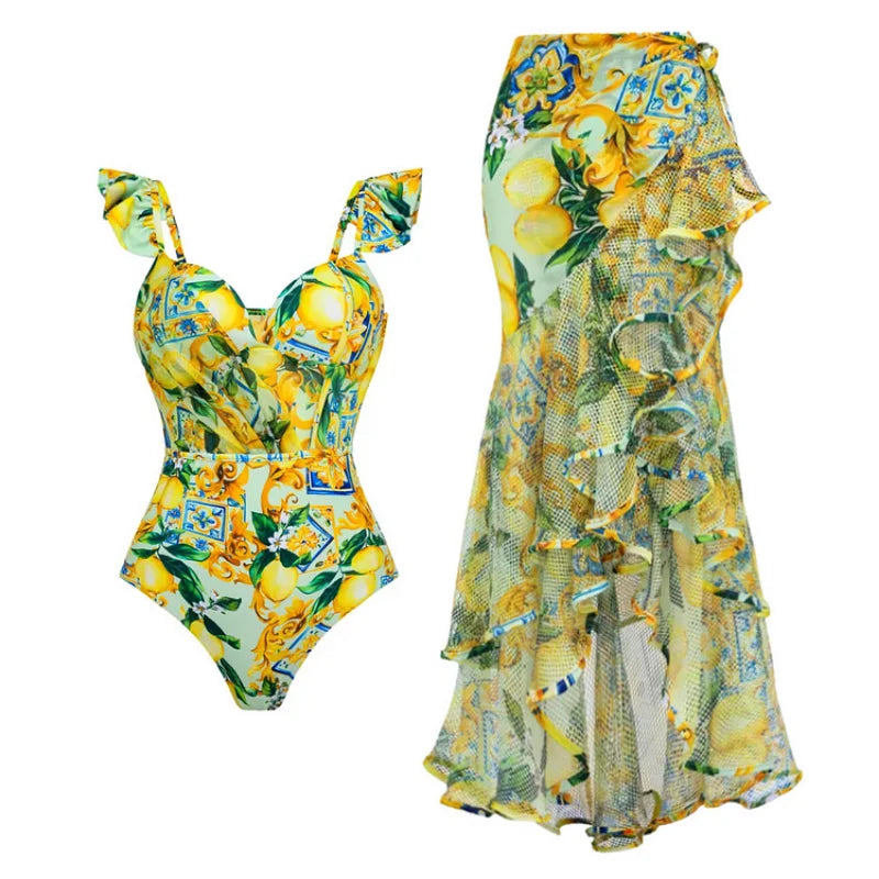 Women's V-Neck Floral Swimsuit, Holiday Designer, Mesh Splicing Skirt, Sarong Bathing Suit, New Swimwear