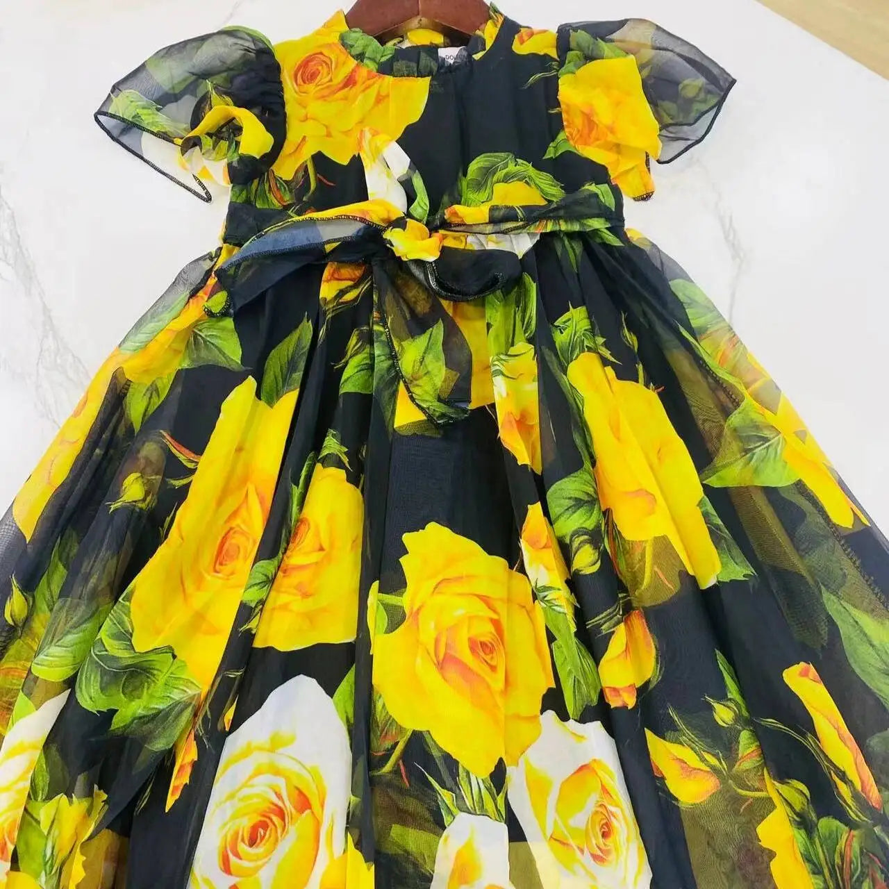 2024 latest style girl clothes green flower dress big girl vacation dress cotton floral printing kids dress