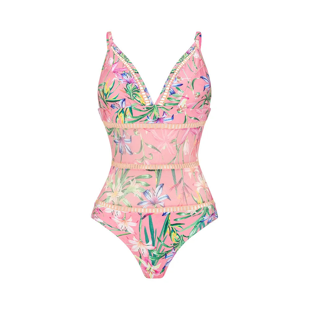 Women's V-Neck Floral Swimsuit, Holiday Designer, Mesh Splicing Skirt, Sarong Bathing Suit, New Swimwear