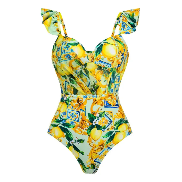 Women's V-Neck Floral Swimsuit, Holiday Designer, Mesh Splicing Skirt, Sarong Bathing Suit, New Swimwear