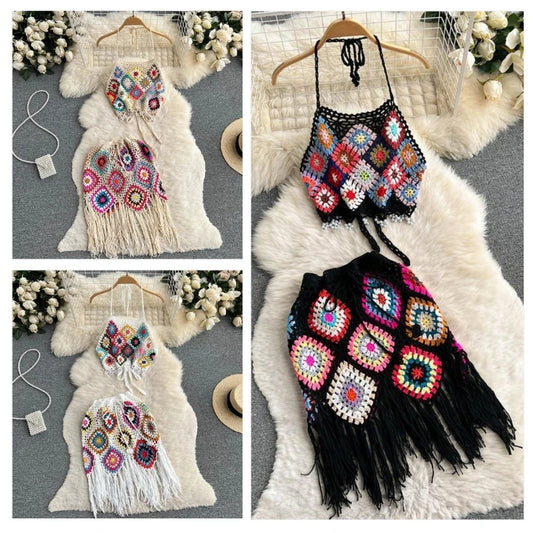 Women Bohemian Knitted Hollowed Crochet Halterneck Backless Crop Top and Tassels Short Skirt Set Beach Swimsuit Coverup Women