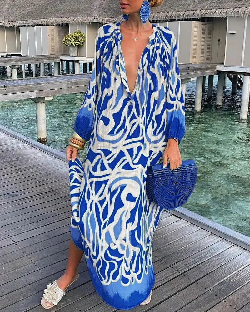 Elegant Women's Maxi Dresses 2024 Summer Casual Fashion Retro Print V Neck Loose Boho Long Vacation Beach Dress Female Robes New