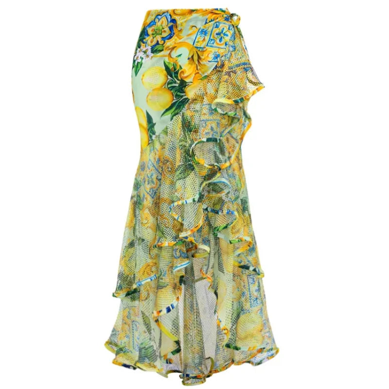Women's V-Neck Floral Swimsuit, Holiday Designer, Mesh Splicing Skirt, Sarong Bathing Suit, New Swimwear