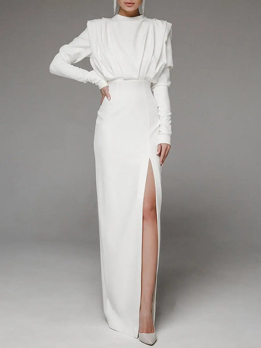 Half High Collar Slit Dresses for Women Casual Long Sleeve Solid Long Abaya Spring Summer Muslim Drsss Women Party Evening Dress