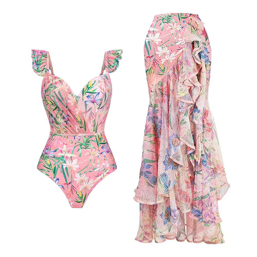 Women's V-Neck Floral Swimsuit, Holiday Designer, Mesh Splicing Skirt, Sarong Bathing Suit, New Swimwear