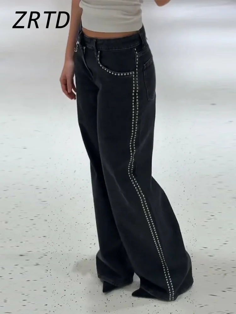 Street Women's Beaded Jeans Baggy Low Waist Pockets Zipper Female Denim Trousers 2025 Spring Summer Lady Y2k Chic Fashion Pants