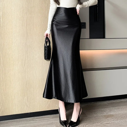 Plus Size Plus Size Silk Satin Drapey High Waist Slimming Fish Tail Skirt Fashionable Spring Summer Lightweight Luxury Women'...
