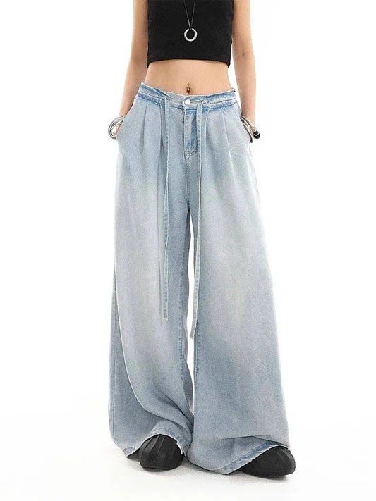 2025 Summer New Drape Wide Leg Jeans Elastic Versatile Ins Trendy Versatile Trousers Harajuku Jeans for Women Denim Pants