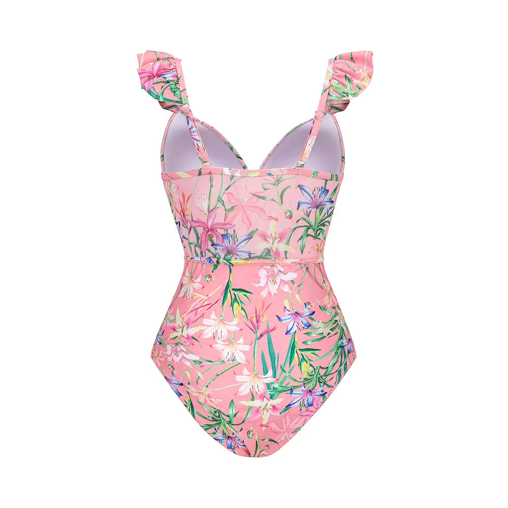 Women's V-Neck Floral Swimsuit, Holiday Designer, Mesh Splicing Skirt, Sarong Bathing Suit, New Swimwear