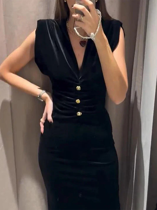 Elegant Velvet Midi Dress Women Sexy V Neck Single Breasted Pleated Female Party Dresses 2025 Sleeveless Slim Split Lady Robe