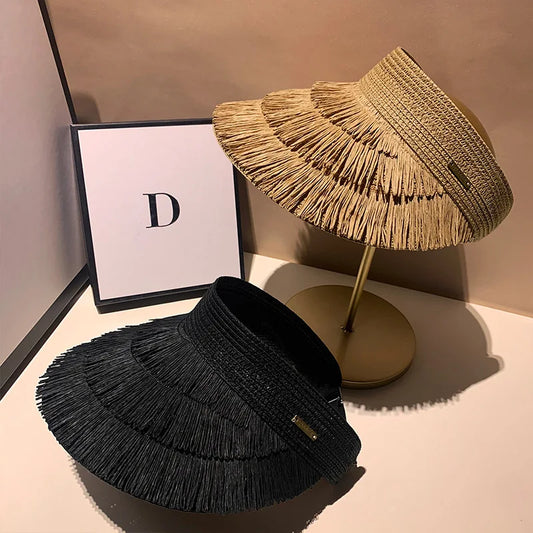Luxury Pamama Sunscreen Tassel Straw Hats for Women Summer Empty Top Sun Hat Outdoor UV Protection Beach Sunshade Cap