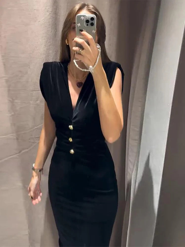 Elegant Velvet Midi Dress Women Sexy V Neck Single Breasted Pleated Female Party Dresses 2025 Sleeveless Slim Split Lady Robe