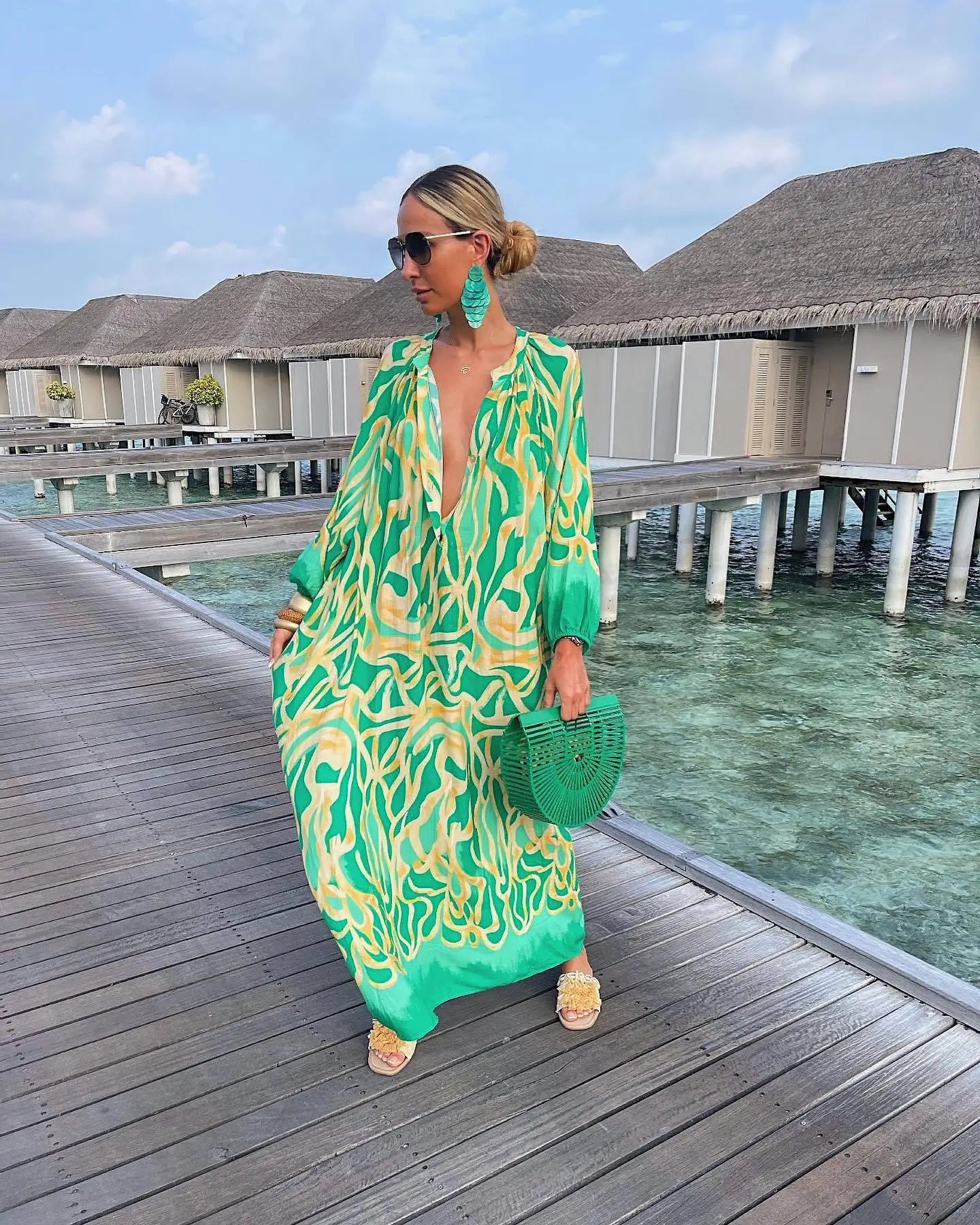Elegant Women's Maxi Dresses 2024 Summer Casual Fashion Retro Print V Neck Loose Boho Long Vacation Beach Dress Female Robes New