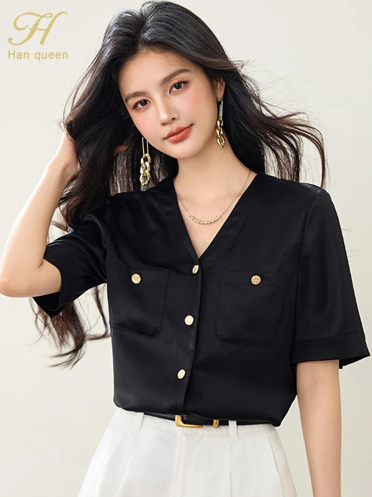 H Han Queen 2025 Summer Tops For Woman Retro V-Neck Black satin Casual Blouse Women Elegant Shirts Korean Short Sleeve Blouses