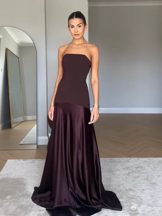 Elegant Brown Satin Patchwork Pleated Long Vestido Women Strapless Sleeveless Backless Bodycon Dresses Female Evening Party Robe