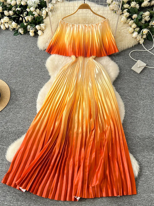 SINGREINY 2025 Gradient Party Long Dress Female Off Shoulder Elastic Waist A Line Sundress Vacation Luxury Pleated Maxi Dresses