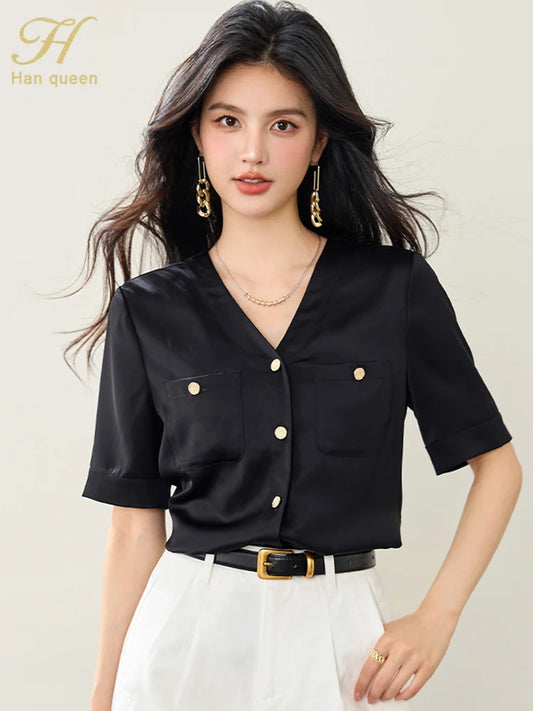 H Han Queen 2025 Summer Tops For Woman Retro V-Neck Black satin Casual Blouse Women Elegant Shirts Korean Short Sleeve Blouses