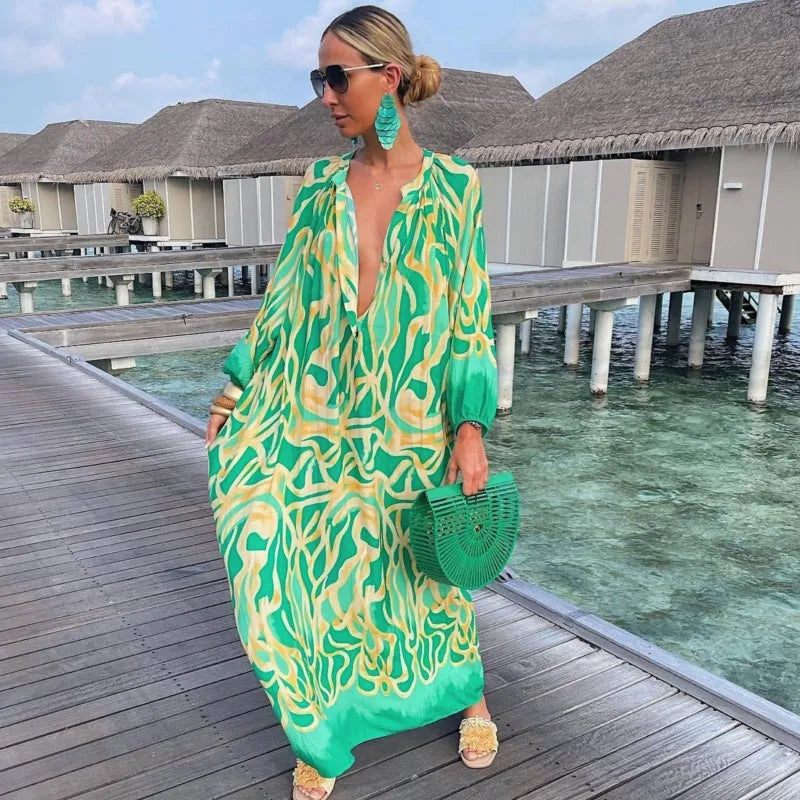 Elegant Women's Maxi Dresses 2024 Summer Casual Fashion Retro Print V Neck Loose Boho Long Vacation Beach Dress Female Robes New