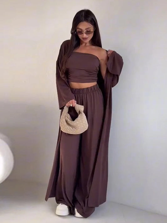 Women 3 Piece Sets Off Shoulder Sleeveless Cropped Tank Top Long Cardgian Elastic Wide Leg Pant Female Suit Summer Lady Outfits