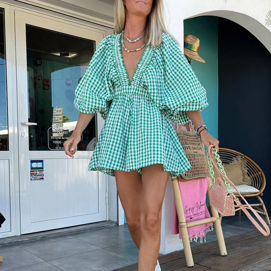 Women's Deep V Neck Loose Jumpsuit Solid Color/Plaid Puff Sleeve Summer Short Jumpsuit Jumpsuit Streetwear