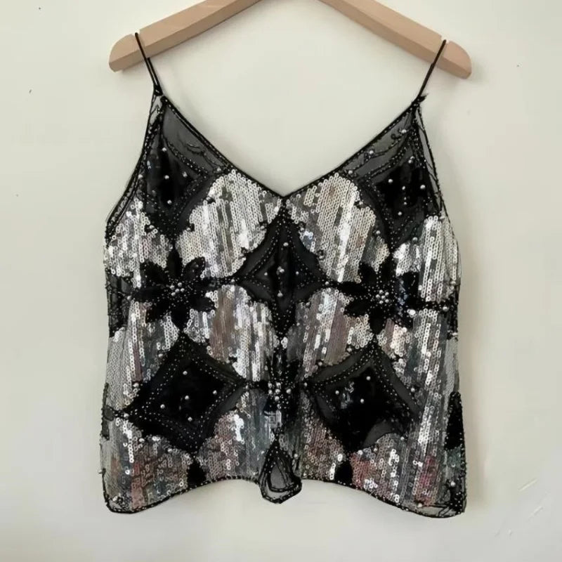 Women's Hot Sweet Sequin Bead Crop Tops Sexy Sling Slim Fit Short V-neck Straight Tank Top Korean Fashion Y2k Clothing