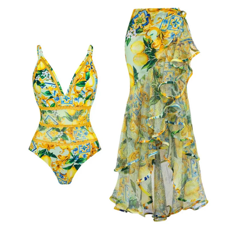 Women's V-Neck Floral Swimsuit, Holiday Designer, Mesh Splicing Skirt, Sarong Bathing Suit, New Swimwear