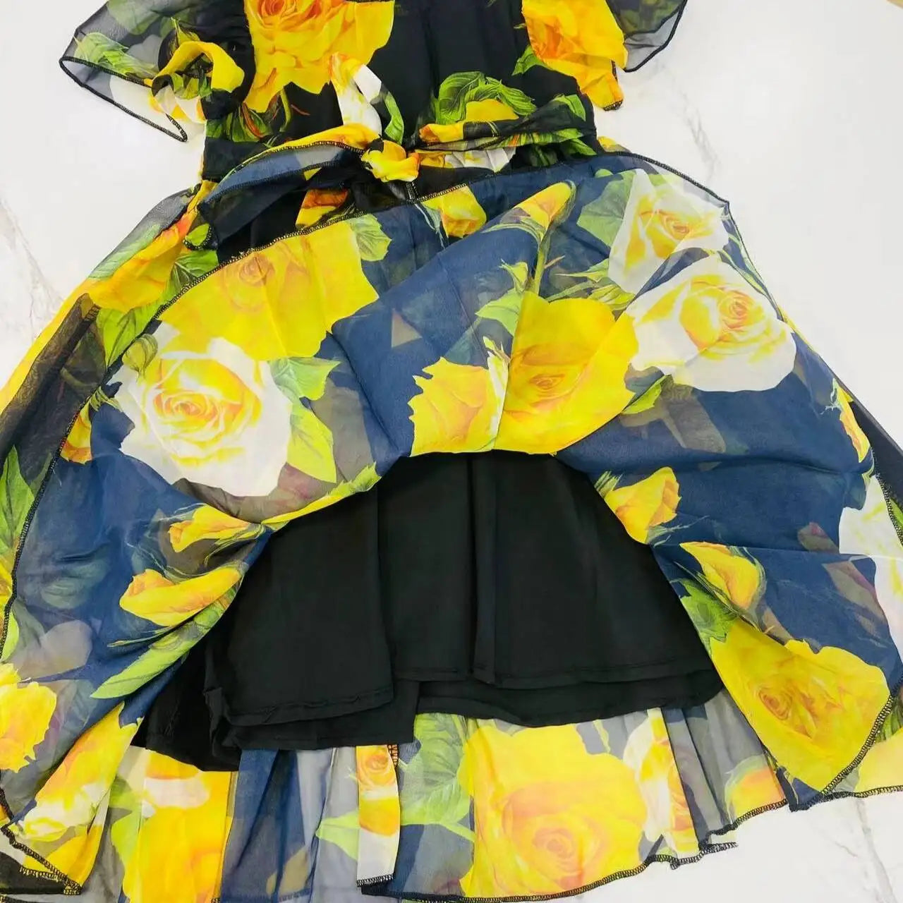 2024 latest style girl clothes green flower dress big girl vacation dress cotton floral printing kids dress