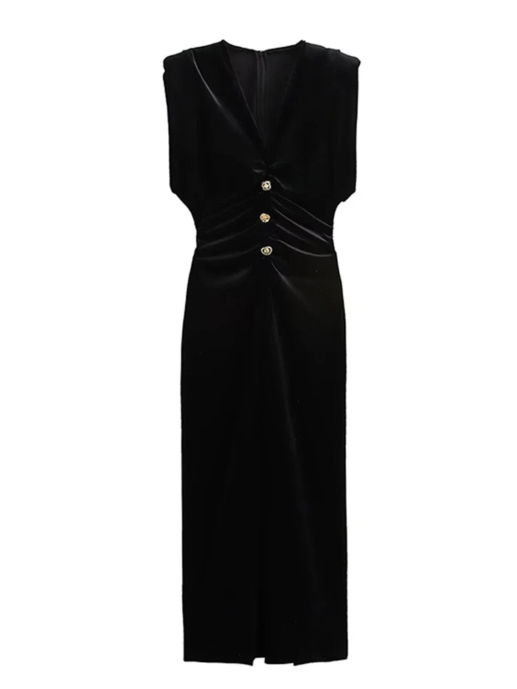 Elegant Velvet Midi Dress Women Sexy V Neck Single Breasted Pleated Female Party Dresses 2025 Sleeveless Slim Split Lady Robe