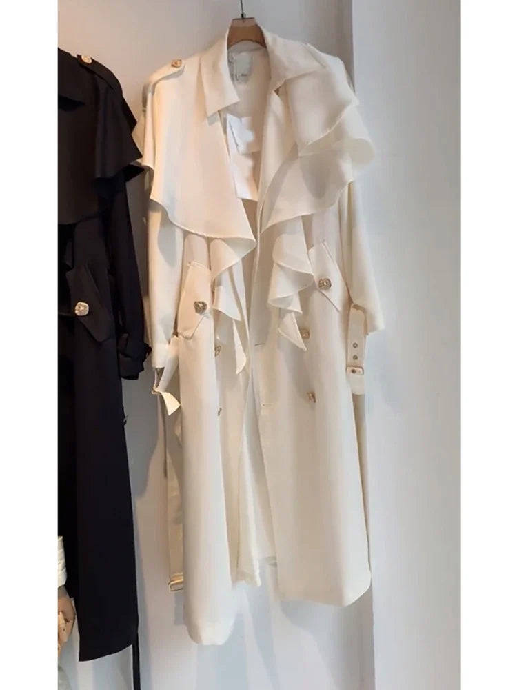 Elegant Beige Trench Coat for Women 2025 New Fashion Autumn Temperament Lady Mid-long Windbreaker Long Sleeve Casual Overcoat
