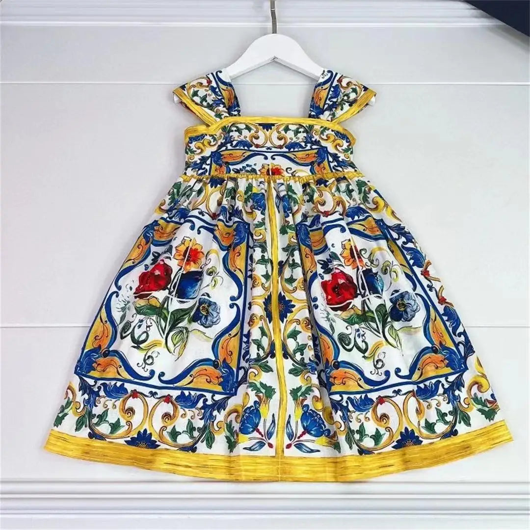 2024 latest style girl clothes green flower dress big girl vacation dress cotton floral printing kids dress