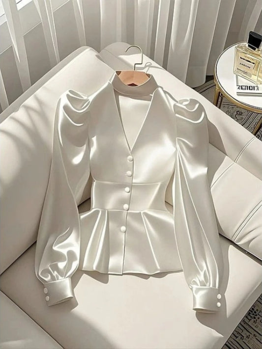 Elegant Fashion White Satin Shirts Women 2025 Early Spring New Blusas Mujer Y2k E-Girl Slim Waist Long Sleeve Blouses
