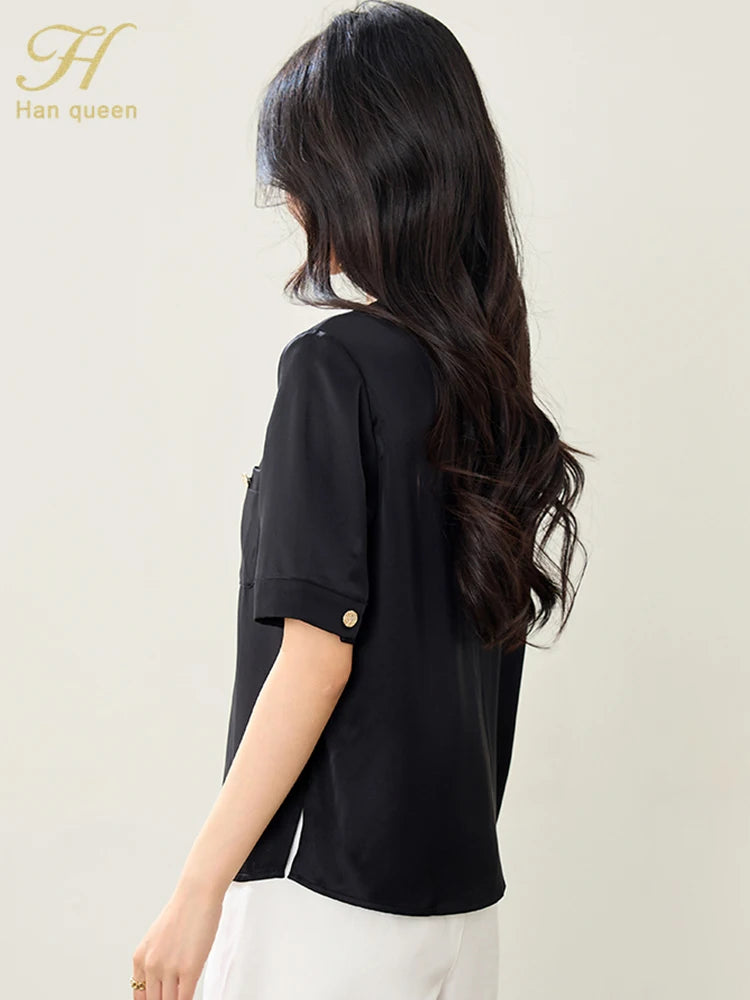 H Han Queen 2025 Summer Tops For Woman Retro V-Neck Black satin Casual Blouse Women Elegant Shirts Korean Short Sleeve Blouses