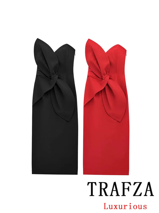 TRAFZA Sexy Club Chic Women Dress Solid Strapless Sleeveless Bow Zipper Long Vestidos Fashion 2025 Spring Chest Wrapping Dress