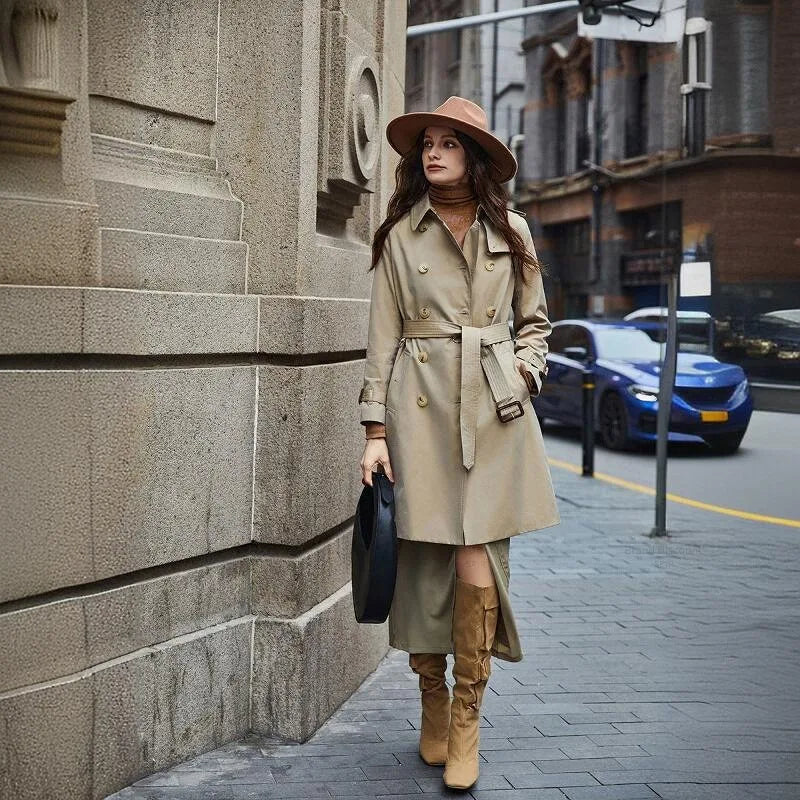 Women's Long Coat Premium Elegant Khaki British Style Mid-Length Jacket Vintage Classic Khaki  Trench Coat
