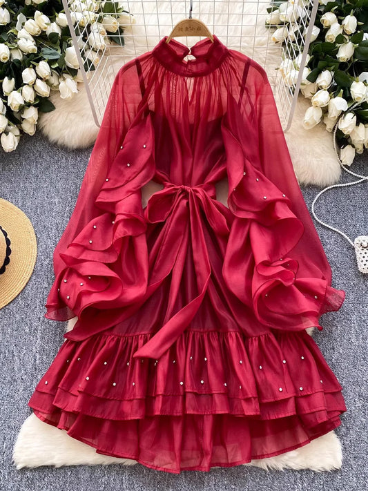 Spring Black/White/Red Diamonds Patchwork Midi Dress Elegant Ruffle Vestidos Female High Waist Party Robe Fashion Clothes New