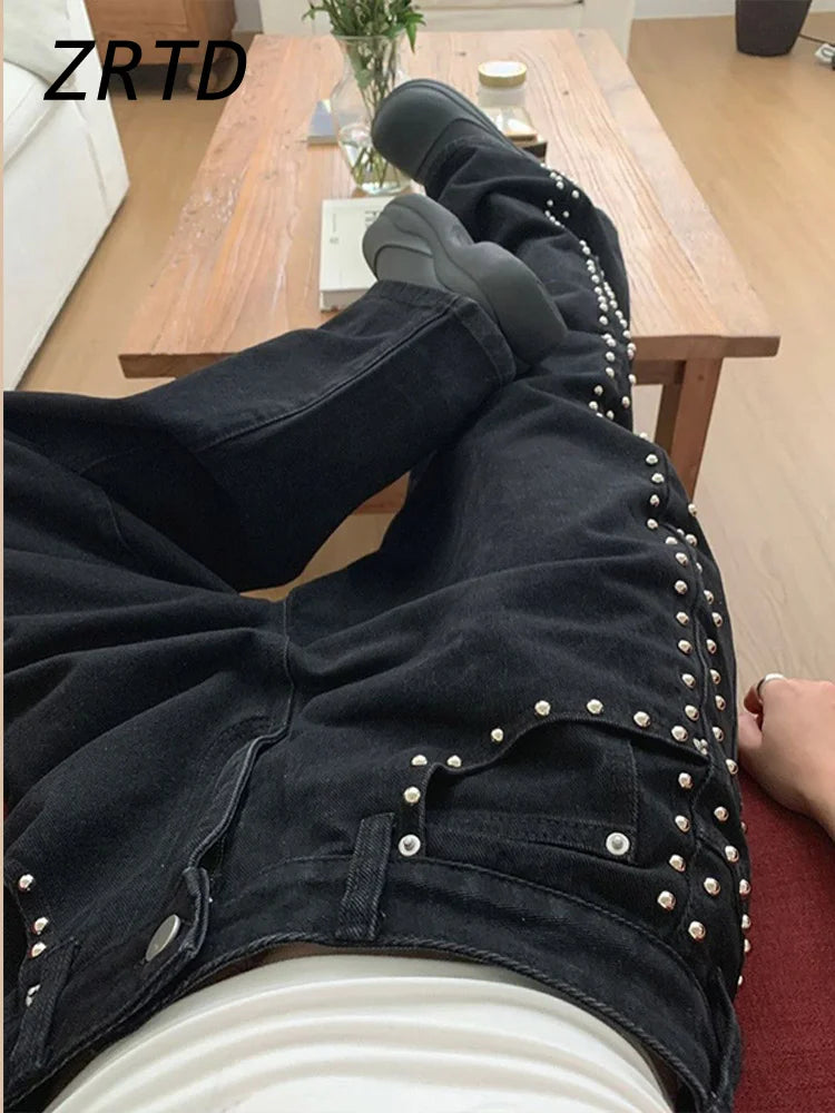 Street Women's Beaded Jeans Baggy Low Waist Pockets Zipper Female Denim Trousers 2025 Spring Summer Lady Y2k Chic Fashion Pants