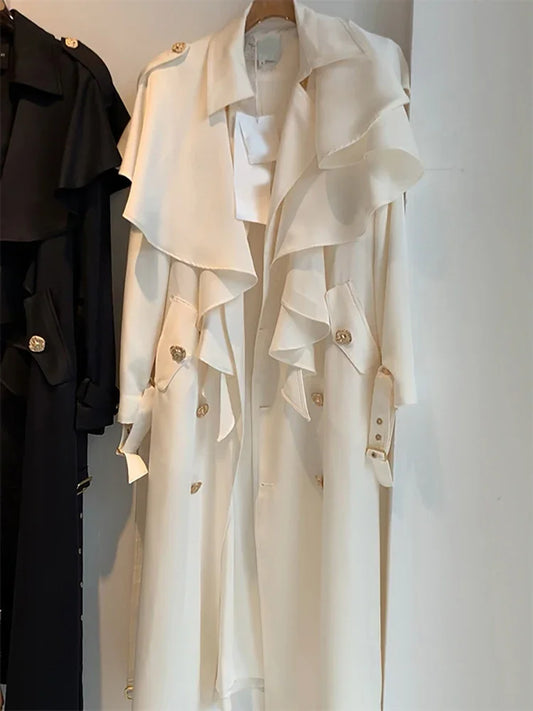 Elegant Beige Trench Coat for Women 2025 New Fashion Autumn Temperament Lady Mid-long Windbreaker Long Sleeve Casual Overcoat